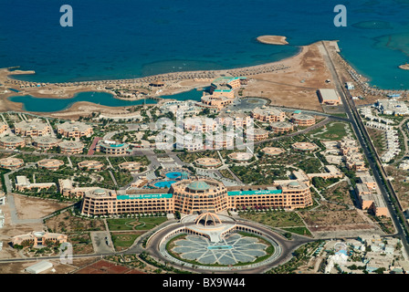 View of coastal luxury hotels resorts in Hurghada, Red Sea, Egypt - aerial view of the Club Golden 5 star hotel and resort Stock Photo