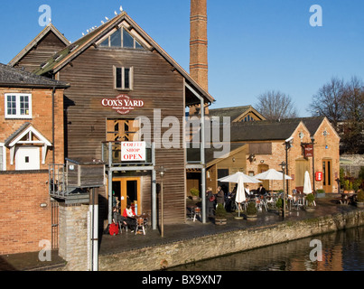 Cox’s Yard ( former timber yard) riverside coffee shop, pub etc , on River Avon , Stratford-Upon-Avon, Warwickshire, England, UK Stock Photo