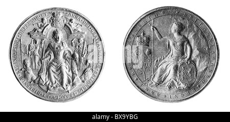 Second Great Seal of Queen Anne, 1707, commemorating the union with Scotland; Black and White Illustration; Stock Photo
