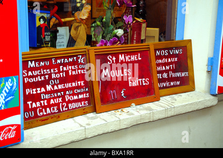 French menu board outside restaurant in Montmartre,Paris Stock Photo