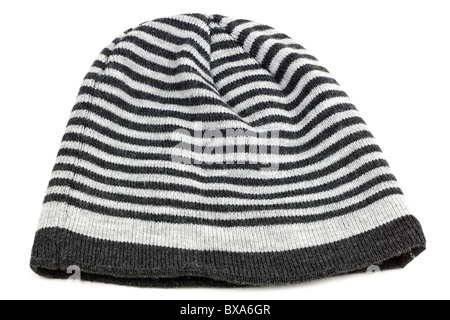 black and grey striped beanie hat Stock Photo