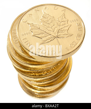 stack of real pure gold Canadian 1 ounce coins photographed on a white background Stock Photo