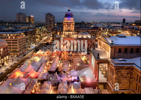 view from french dome on Christmas market with snow,  Gendarmenmarkt Berlin 2010  Germany Stock Photo