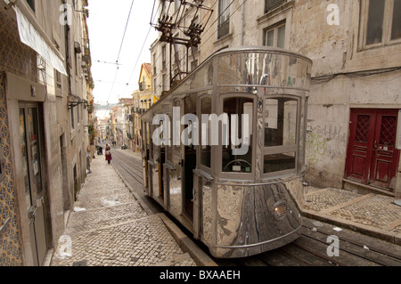 Portugal, Lisbon, the elevador da bica in the Bairro Alto, with the new mirrored tramcars 2010 Stock Photo