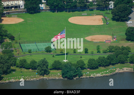 Aerial view of baseball field baseball and tennis court on Hudson river bank, Old River road, Edgewater, New Jersey, Usa Stock Photo