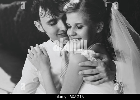 Young wedding couple portrait. Black and white retro style colors. Stock Photo