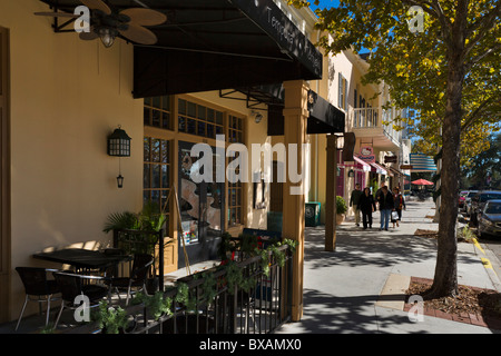 Shops and restaurants on the waterfront in the Disney purpose built township of Celebration, Kissimmee, Orlando, Florida, USA Stock Photo