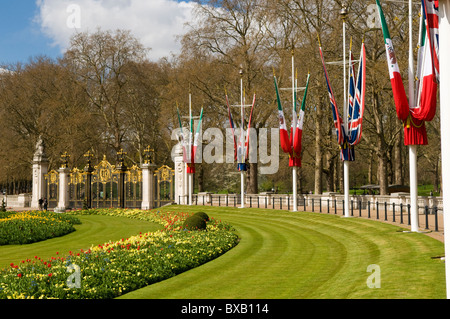 Flags Beside Canada Gate Entrance to Green Park in London Stock Photo