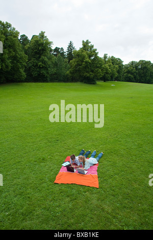 Couple with laptops lying on blanket in park Stock Photo