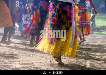 Dancers from the John Frum Cargo Cult Movement performing in traditional dress, Sulphur Bay Village, Tanna Island, Vanuatu. Stock Photo