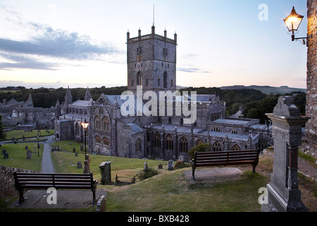 St Davids Cathedral at dusk, in St Davids, Pembrokeshire, West Wales. Stock Photo
