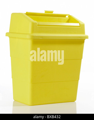 Cutout of Sharpsafe boxes used to dispose of clinical waste in hospitals. Stock Photo
