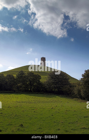 St Michael's tower - the remains of a ruined chapel - sits on the summit of Glastonbury Tor, Somerset, England, UK Stock Photo