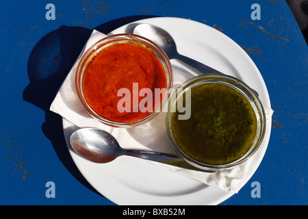 Mojo rojo and mojo verde, red and green sauces, Lanzarote, Canary Islands, Spain, Europe Stock Photo