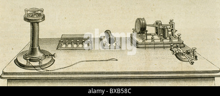 Phonoplex telegraph invented by Thomas Alva Edison (1847-1931). Engraving. Stock Photo