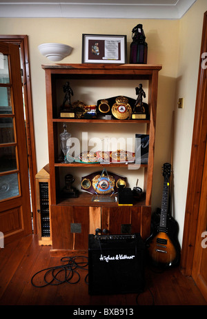 Trophy cabinet at the home of boxing champion Joe Calzaghe near Blackwood, South Wales UK 2008 Stock Photo