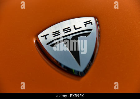 Logo of a Tesla Roadster electric sports car Stock Photo