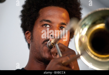 African-American male guitarist trombone player in entertainment tent during Texas Book Festival in Austin Stock Photo