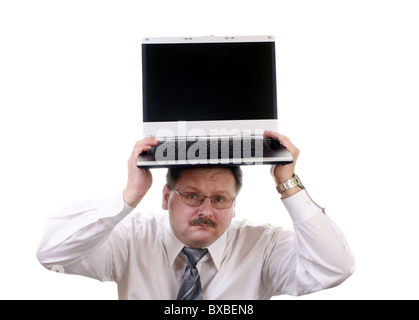 Businessman with laptop on his head isolated on white Stock Photo