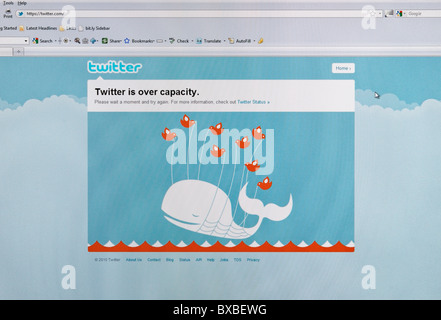 Twitter is over capacity message on computer screen and 'fail whale' error message. FOR EDITORIAL USE ONLY Stock Photo