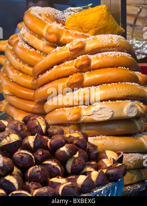 Salty Pretzels and Roasted Chestnuts, Street Vendor Cart, NYC Stock Photo