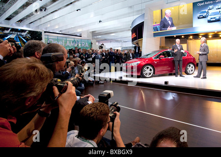 Journalists and photographers at the presentation of the new Opel Astra car at the 63. Internationale Automobilausstellung Stock Photo