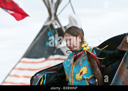 Girl's fancy or shawl dancer, Pow-wow, Blackfoot Crossing Historical Park, Alberta, Canada Stock Photo