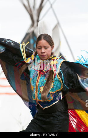 Girl's fancy or shawl dancer, Pow-wow, Blackfoot Crossing Historical Park, Alberta, Canada Stock Photo