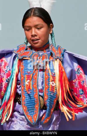 Girl's fancy or shawl dancer, Pow-wow, Blackfoot Crossing Historical Park, Alberta, Canada Stock Photo