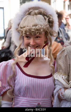 Person in regency costume taking part in the annual Jane Austen festival promenade: Bath, Somerset, UK: September 2010 Stock Photo