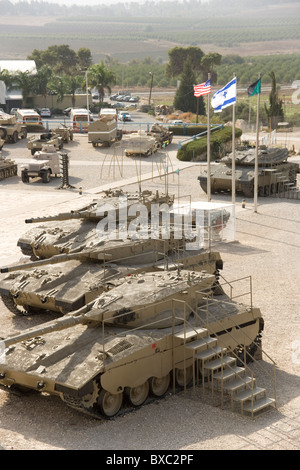 View from the top of the old British Police fort amd 3 Merkava tanks now The Israeli Armored Corps Museum at Latrun, Stock Photo