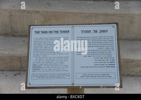 Sign about the Tank on the Tower Memorial at the Israeli Armored Corps Museum at Latrun, Israel Stock Photo