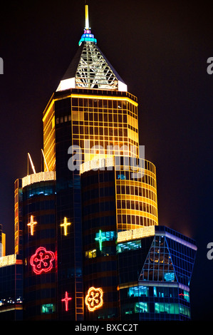 View of skyscraper in Hong Kong China at night Stock Photo