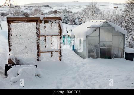 Snow covered greenhouse. Smallholding. Nidderdale, North Yorkshire Stock Photo