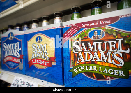 Six-packs of Samuel Adams beer are seen on a grocery store shelf in New York Stock Photo