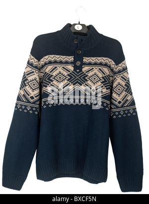 Mens large quarter buttoned blue patterned pullover Stock Photo