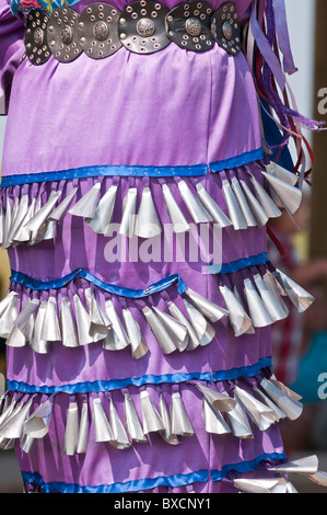 Detail of jingle dress, Women's jingle dance, Pow-wow, Blackfoot Crossing Historical Park, Alberta, Canada Stock Photo