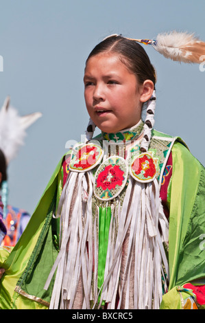 Girl's fancy or shawl dancer, Pow-wow, Blackfoot Crossing Historical Park, Alberta, Canada Stock Photo