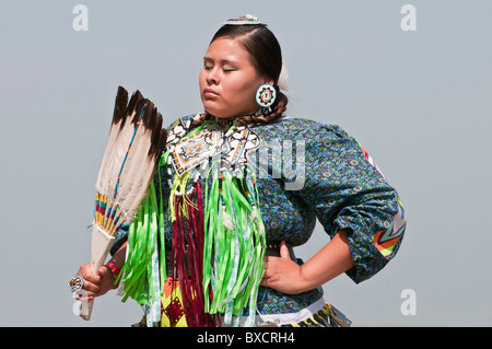 Women's jingle dancer, Pow-wow, Blackfoot Crossing Historical Park, Alberta, Canada Stock Photo