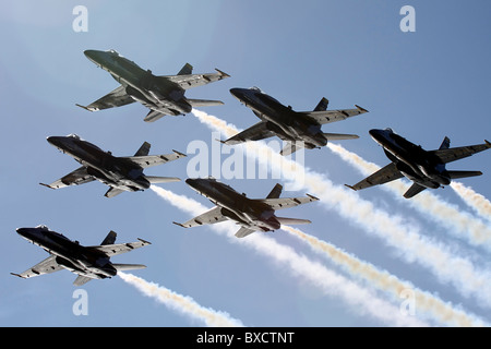 Blue Angels delta formation passes overhead during the 2010 San Francisco Fleet Week Air Show Stock Photo