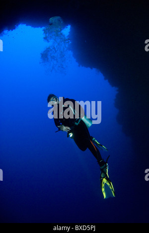 Scuba diver in the blue hole cathedral, Dahab, Egypt, Red Sea Stock Photo