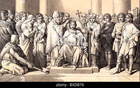 The Coronation of King Harold, 6th January 1066; probably at Westminster Abbey; Black and White Illustration; Stock Photo