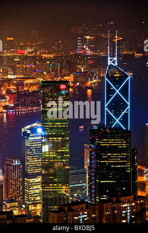 City skyline of downtown Hong Kong China at night from Victoria Peak Stock Photo