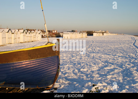 Beach at Goring, Worthing, West Sussex, England. Covering of snow. (Unusual weather for this location) Stock Photo