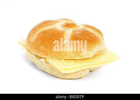 Sandwich of crunched roll with cheese isolated on white Stock Photo