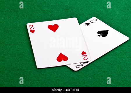 Poker hand with a pair of deuces on green felt Stock Photo