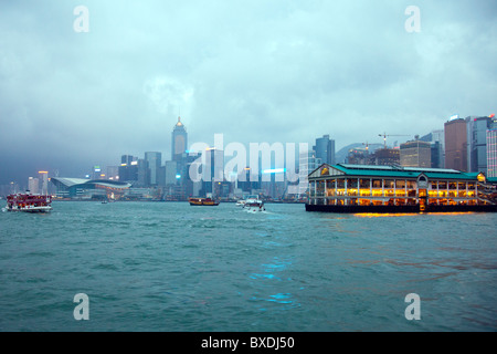 The amazing Hong Kong skyline as seen from Kowloon. The imposing structures include the mooring Stock Photo