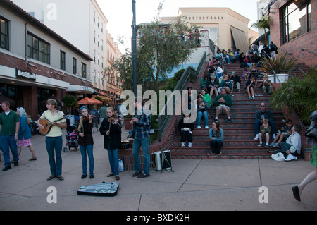 San Luis Obispo downtown has old fashion features and a Farmers Market on Thursday nights with bbq, bar-b-que, and music. Stock Photo
