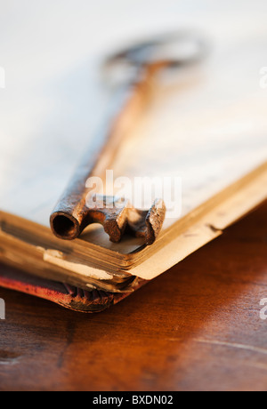 Antique key on top of book Stock Photo