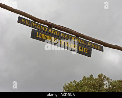 Sign over the road welcomes visitors to Kilimanjaro National Park Stock Photo